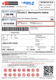 Ejemplo de boleto para Machu Picchu